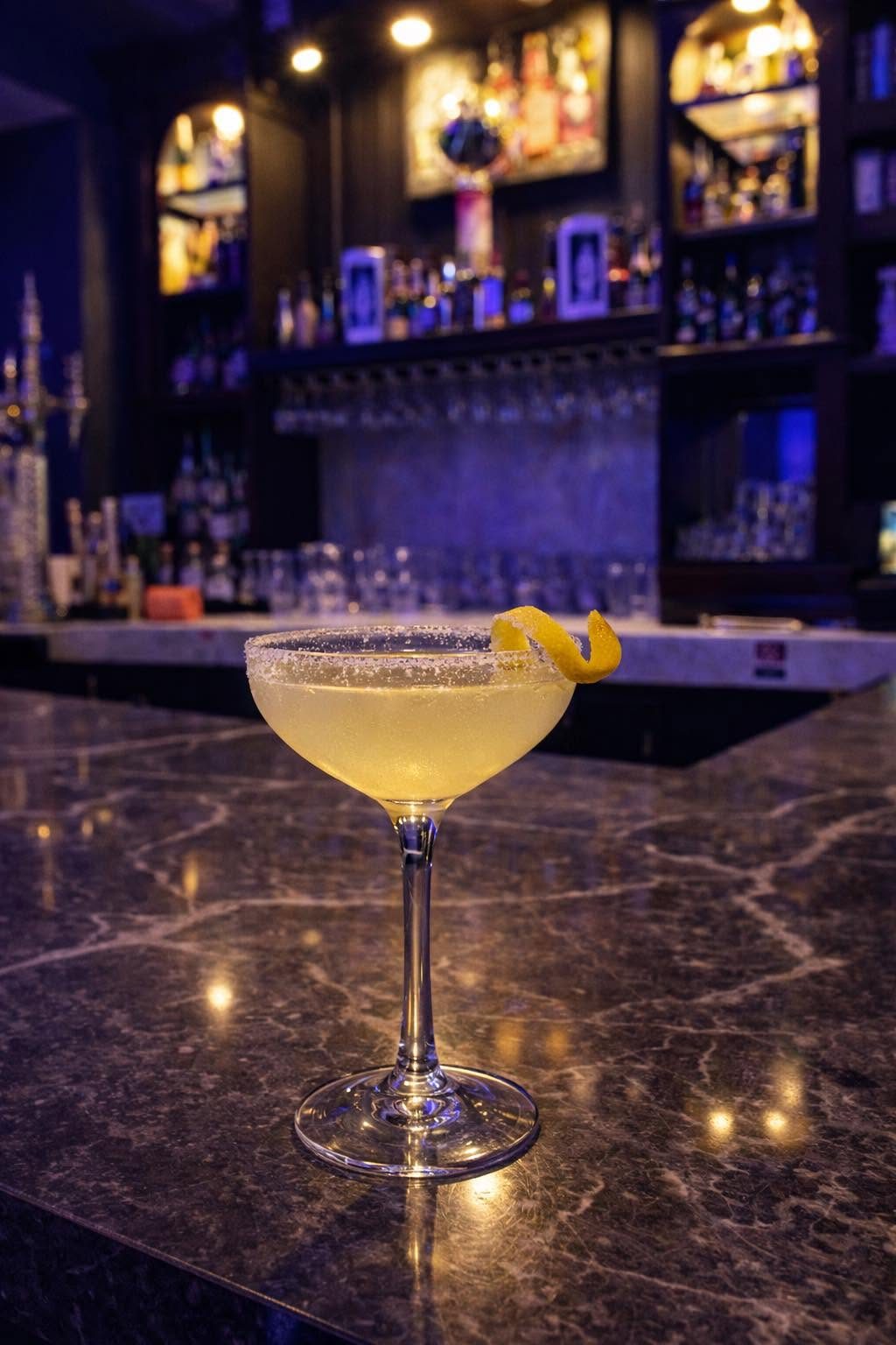 Signature cocktail on the marble bar