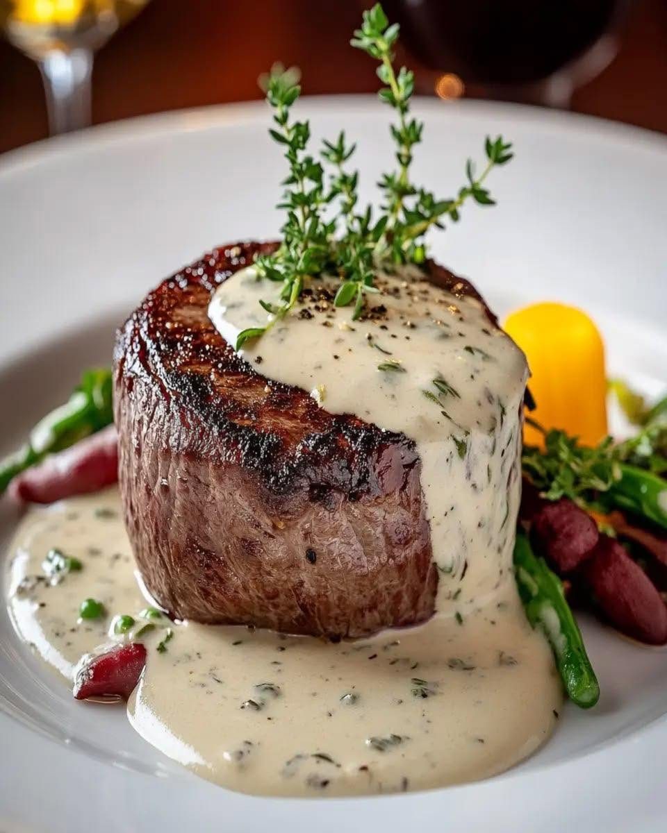 Filet mignon with herb cream sauce