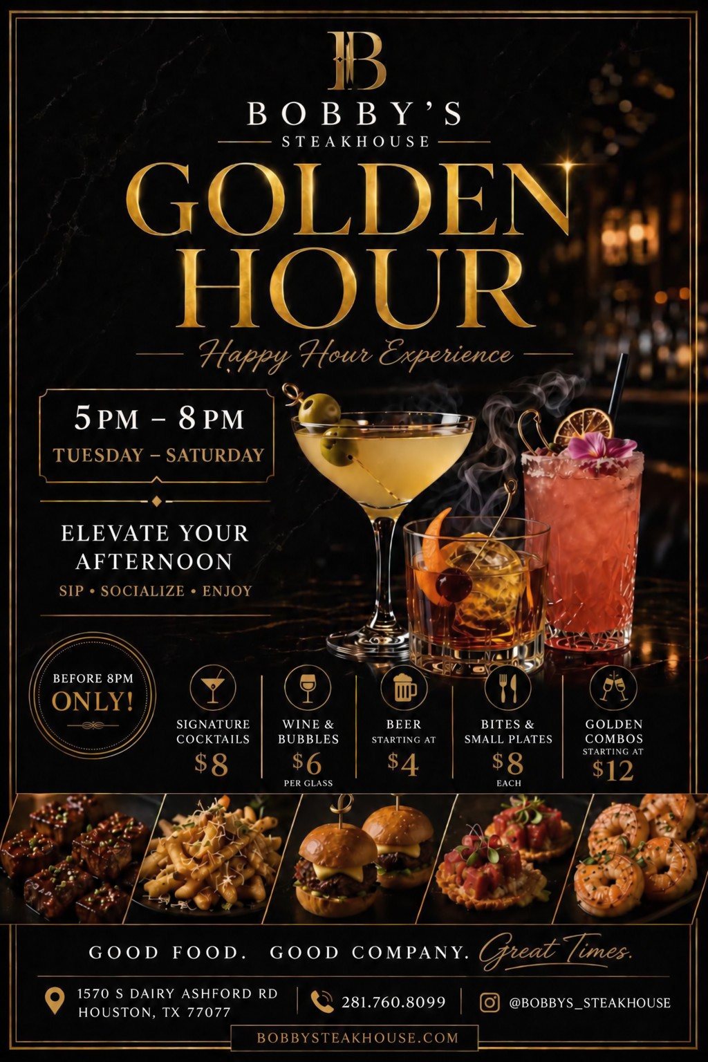 Golden Hour happy hour flyer: 2 to 6 PM, Tuesday through Sunday