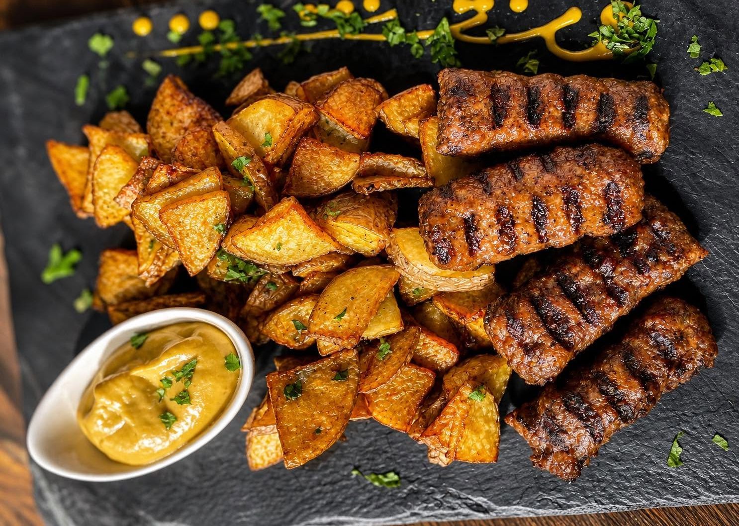 Romanian Michi grilled meat rolls with potatoes and mustard