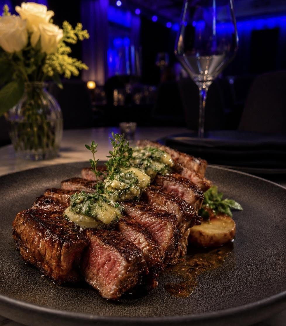 Sliced steak with herb butter