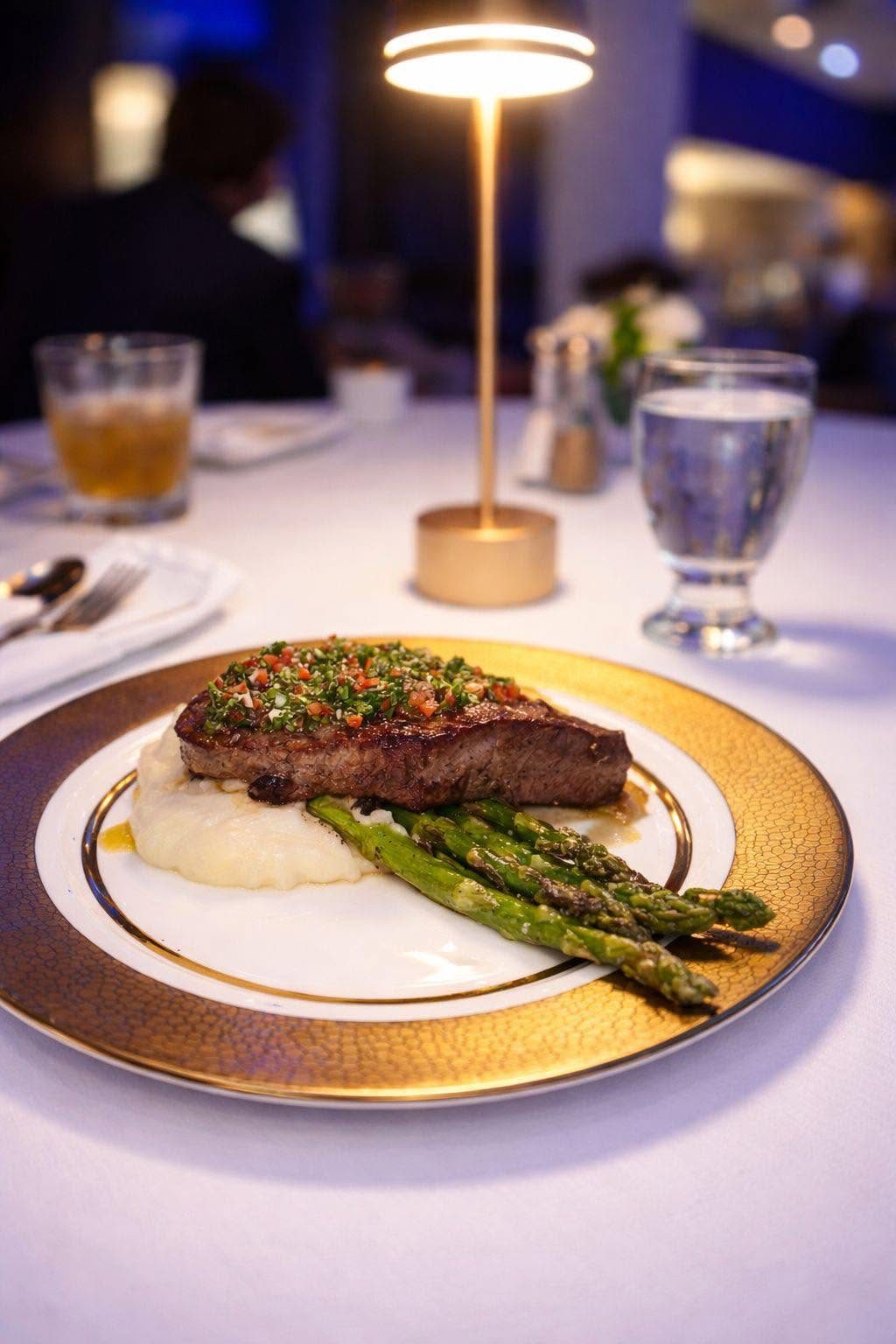 Steak with mashed potatoes and asparagus